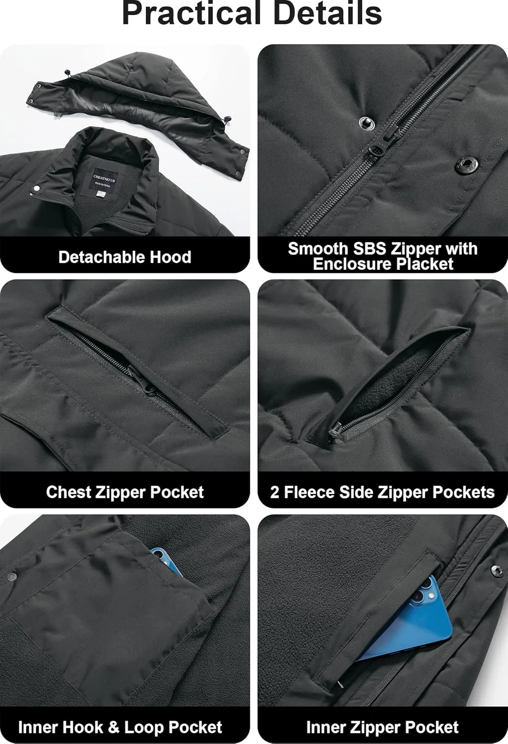CREATMO US Men's Big and Tall Winter Puffer Jacket Waterproof Bubble Coat Puffy Ski Parka With Hood