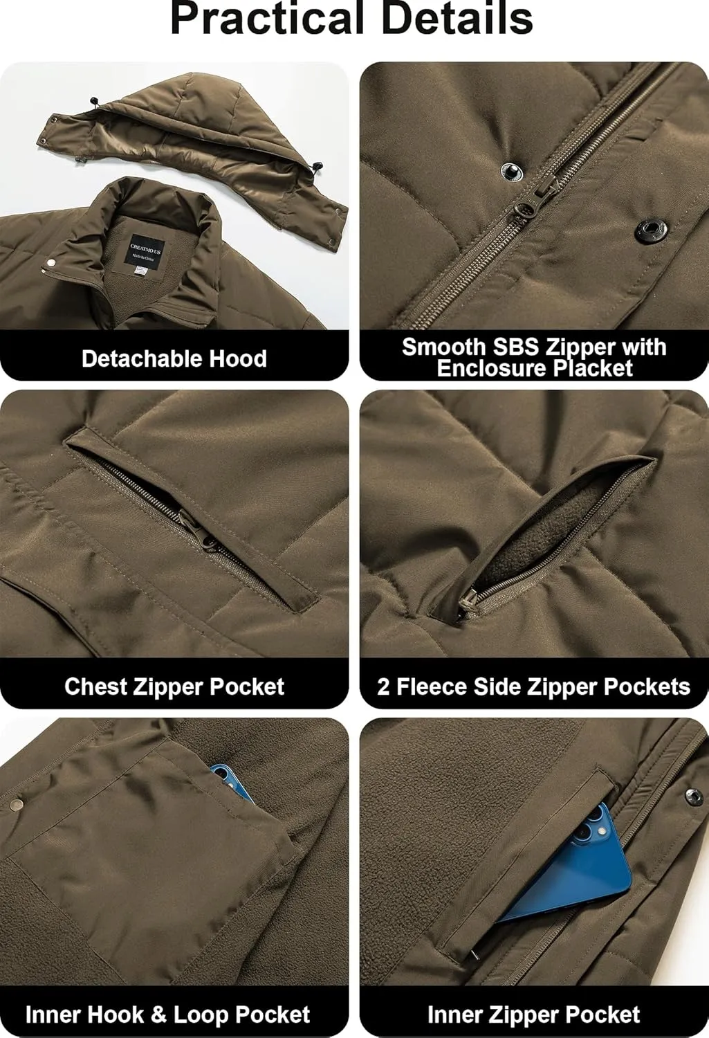 CREATMO US Men's Big and Tall Winter Puffer Jacket Waterproof Bubble Coat Puffy Ski Parka With Hood