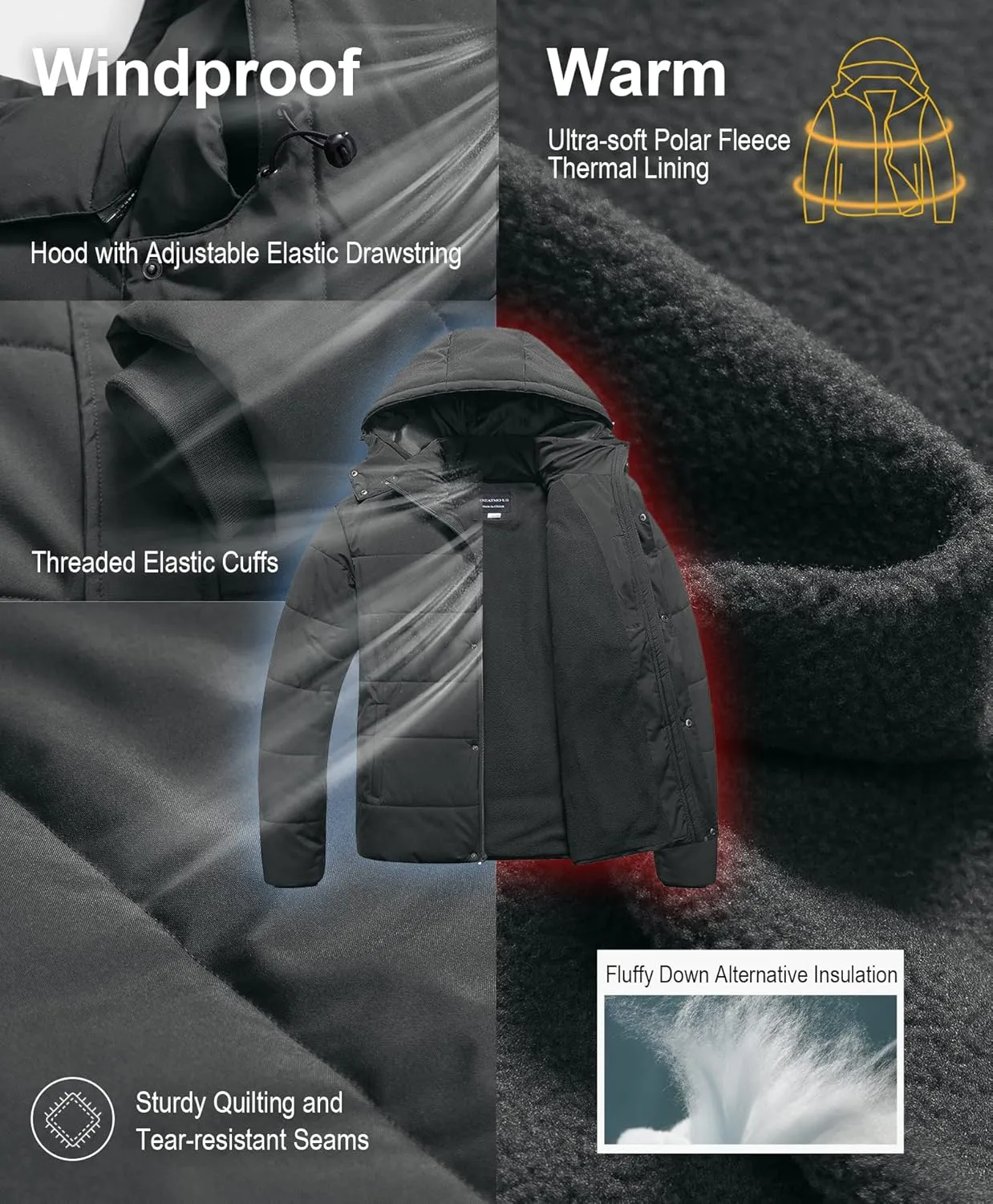 CREATMO US Men's Big and Tall Winter Puffer Jacket Waterproof Bubble Coat Puffy Ski Parka With Hood