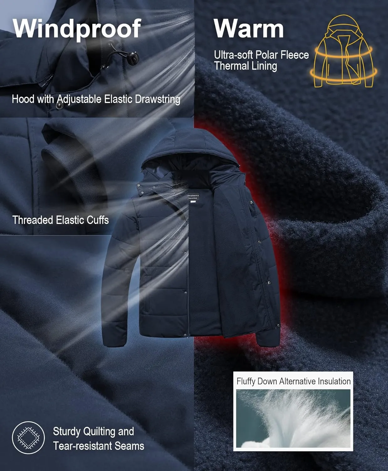 CREATMO US Men's Big and Tall Winter Puffer Jacket Waterproof Bubble Coat Puffy Ski Parka With Hood