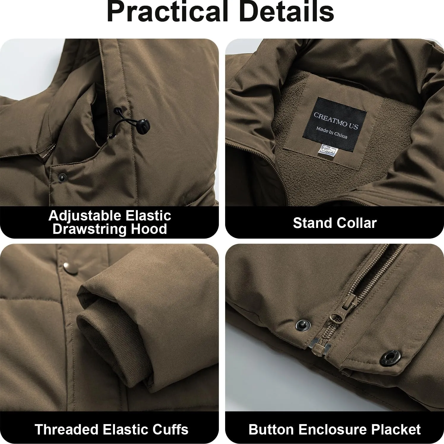 CREATMO US Men's Big and Tall Winter Puffer Jacket Waterproof Bubble Coat Puffy Ski Parka With Hood