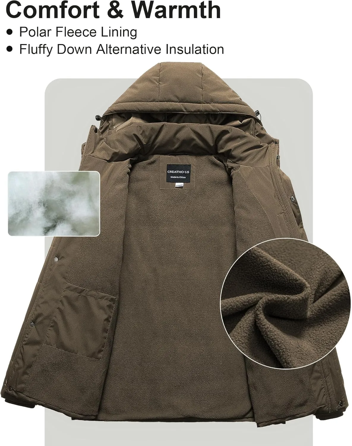 CREATMO US Men's Big and Tall Winter Puffer Jacket Waterproof Bubble Coat Puffy Ski Parka With Hood