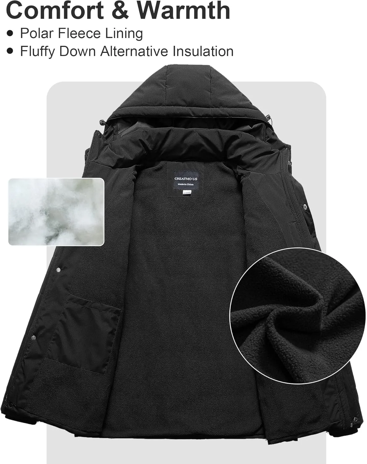 CREATMO US Men's Big and Tall Winter Puffer Jacket Waterproof Bubble Coat Puffy Ski Parka With Hood