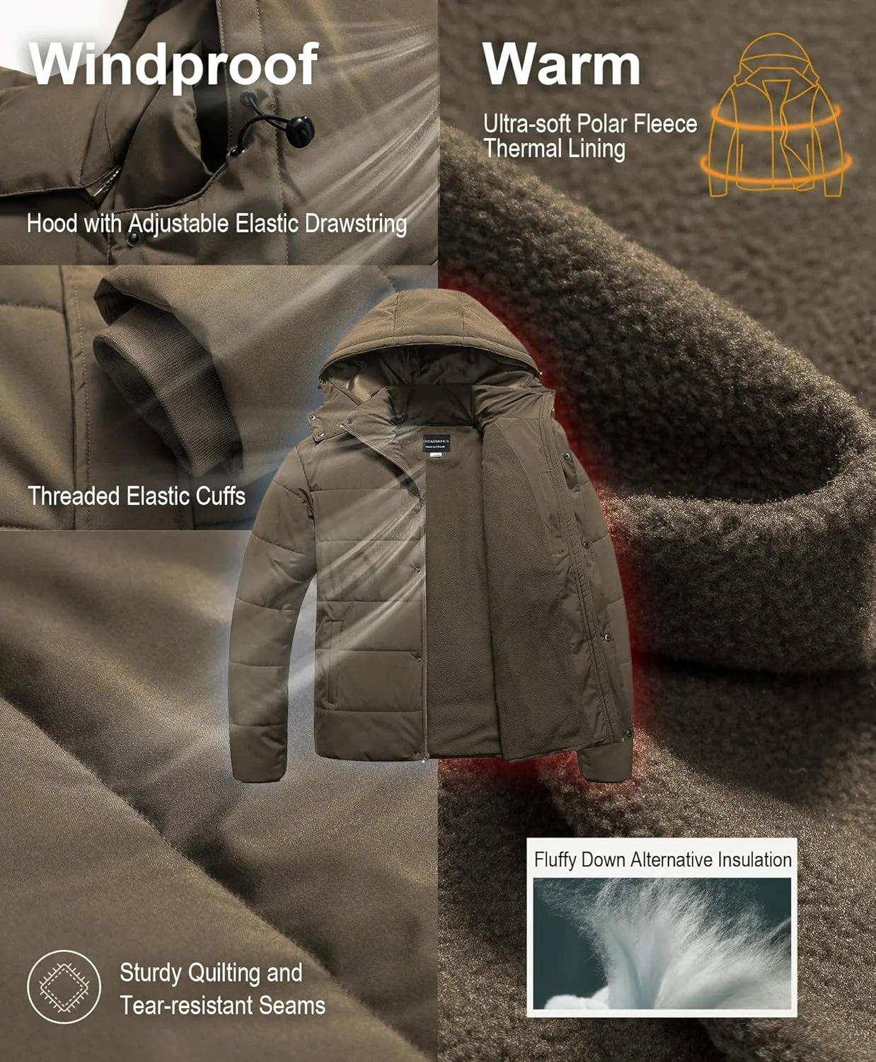 CREATMO US Men's Big and Tall Winter Puffer Jacket Waterproof Bubble Coat Puffy Ski Parka With Hood
