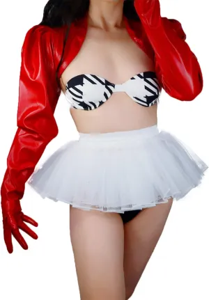 DooWay Women's Fashion Bolero Gloves Faux Lambskin Leather Crop Top Jacket Shrug Jumper Sun Block Anti UV Red Loose Sleeves Size US 8/10