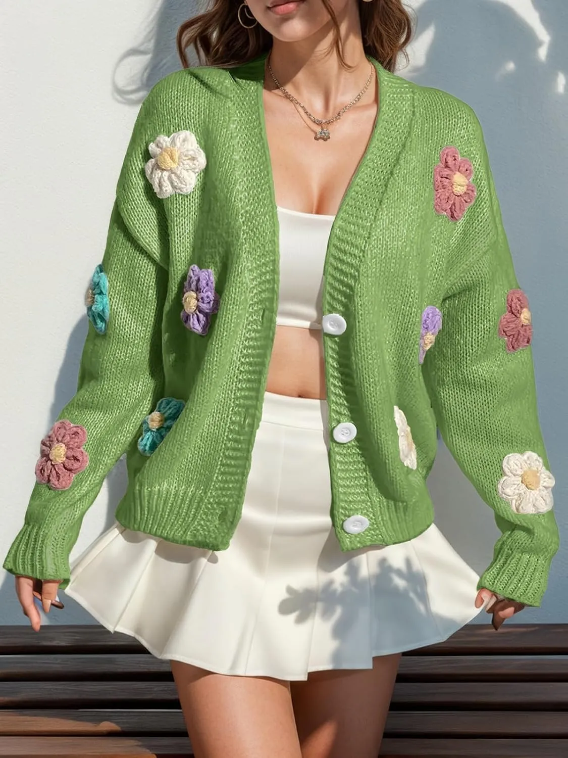 ebossy Women's Ribbed Knit Cardigans Embroidery Aesthetic Pretty Flowers Applique Button Up Sweater Coat
