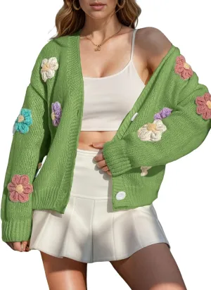 ebossy Women's Ribbed Knit Cardigans Embroidery Aesthetic Pretty Flowers Applique Button Up Sweater Coat