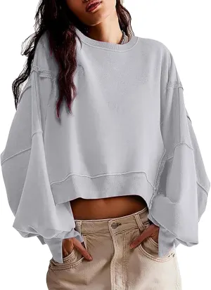 EGUGYDW Womens Crewneck Sweatshirts Cropped Long Sleeve Side Slit Loose Fit Teen Girls 2024 Fall Crop Pullover Tops