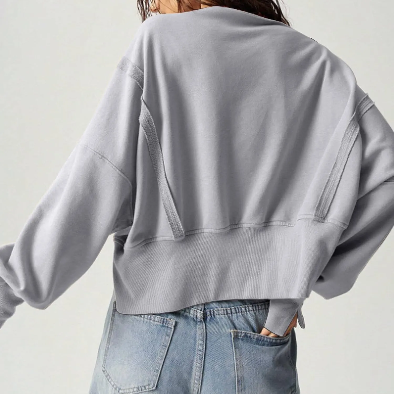 EGUGYDW Womens Crewneck Sweatshirts Cropped Long Sleeve Side Slit Loose Fit Teen Girls 2024 Fall Crop Pullover Tops
