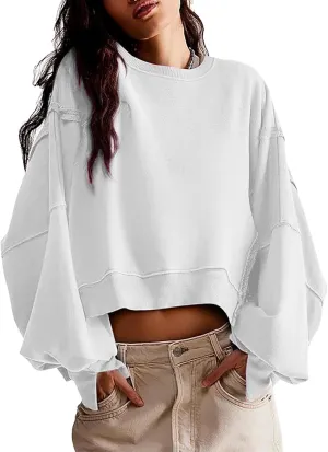 EGUGYDW Womens Crewneck Sweatshirts Cropped Long Sleeve Side Slit Loose Fit Teen Girls 2024 Fall Crop Pullover Tops
