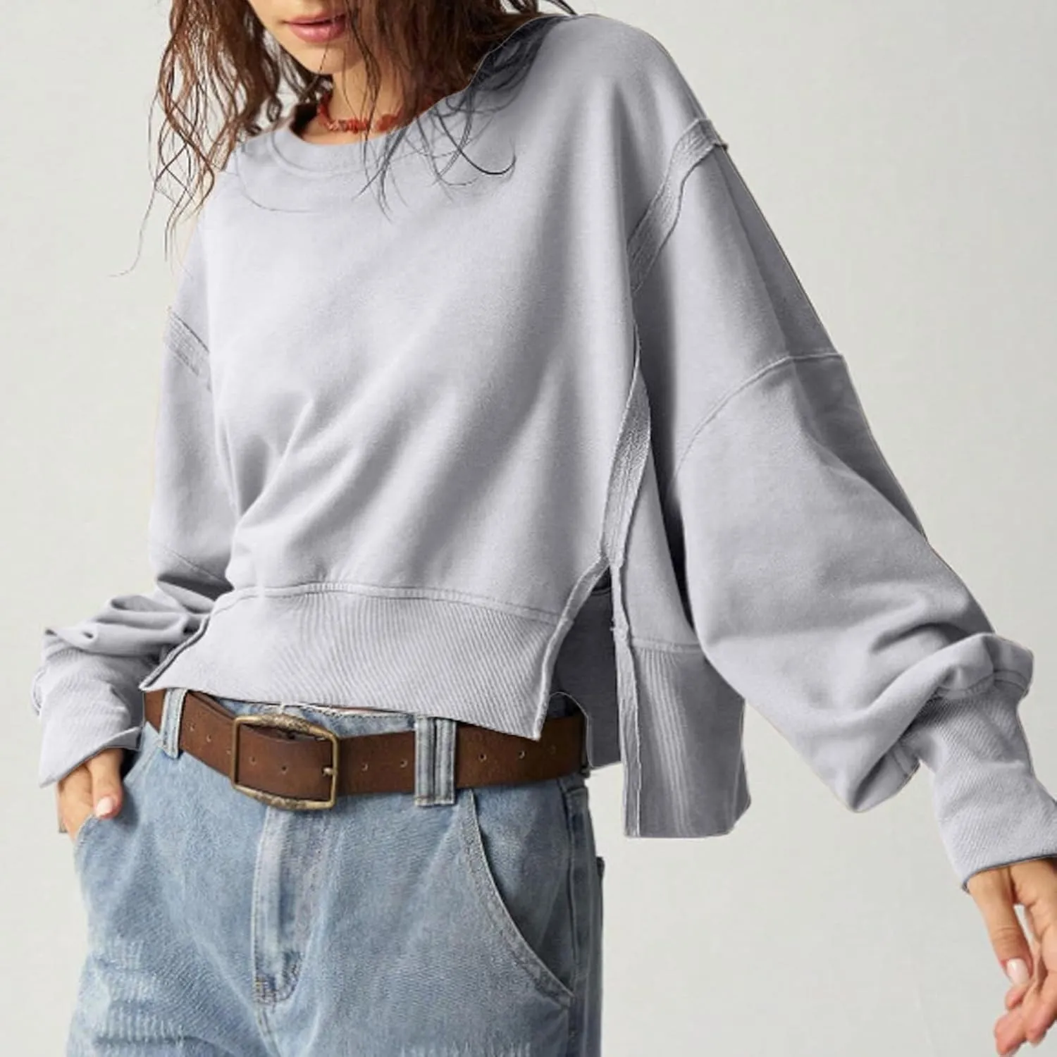 EGUGYDW Womens Crewneck Sweatshirts Cropped Long Sleeve Side Slit Loose Fit Teen Girls 2024 Fall Crop Pullover Tops