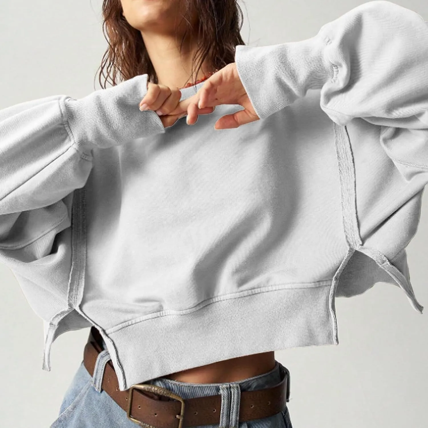 EGUGYDW Womens Crewneck Sweatshirts Cropped Long Sleeve Side Slit Loose Fit Teen Girls 2024 Fall Crop Pullover Tops