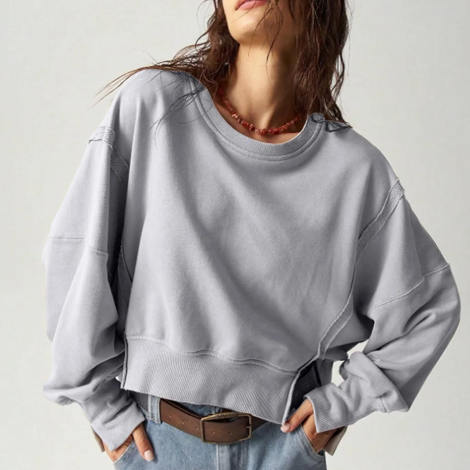 EGUGYDW Womens Crewneck Sweatshirts Cropped Long Sleeve Side Slit Loose Fit Teen Girls 2024 Fall Crop Pullover Tops