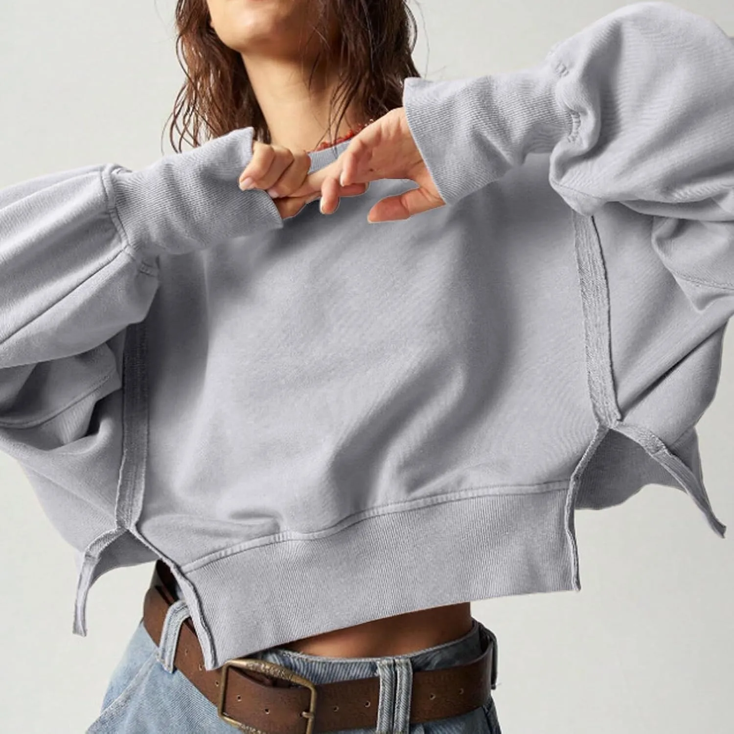 EGUGYDW Womens Crewneck Sweatshirts Cropped Long Sleeve Side Slit Loose Fit Teen Girls 2024 Fall Crop Pullover Tops