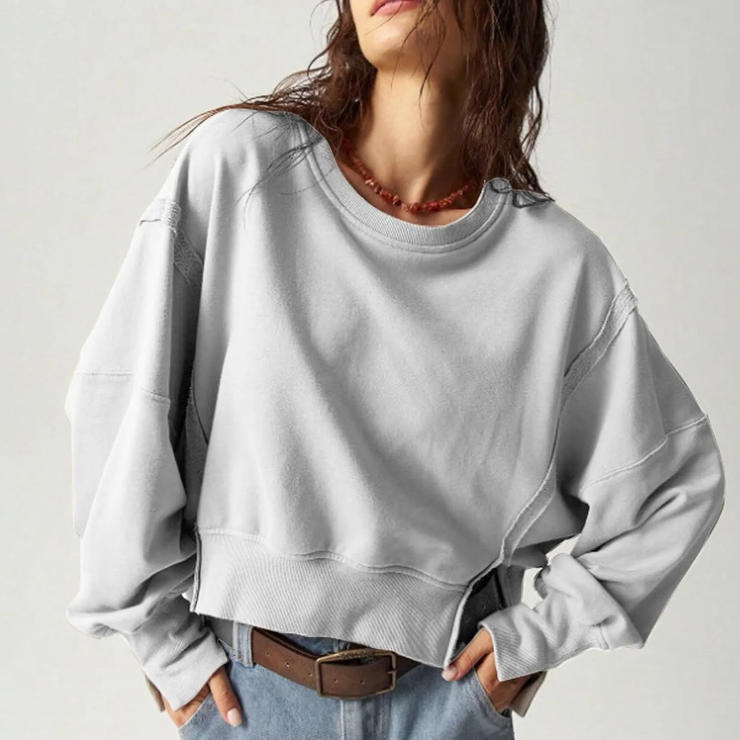 EGUGYDW Womens Crewneck Sweatshirts Cropped Long Sleeve Side Slit Loose Fit Teen Girls 2024 Fall Crop Pullover Tops