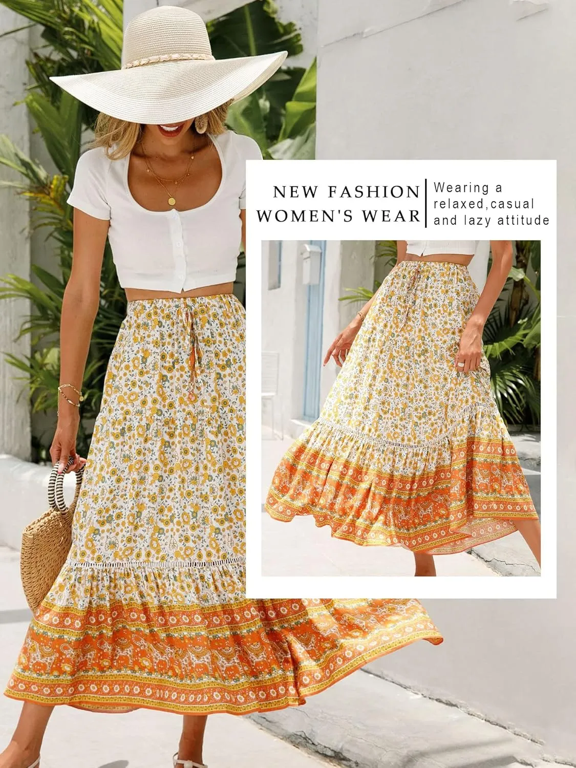 Ezcosplay Women Long Skirts Boho Floral Elastic High Waist Flowy Beach A Line Maxi Skirt