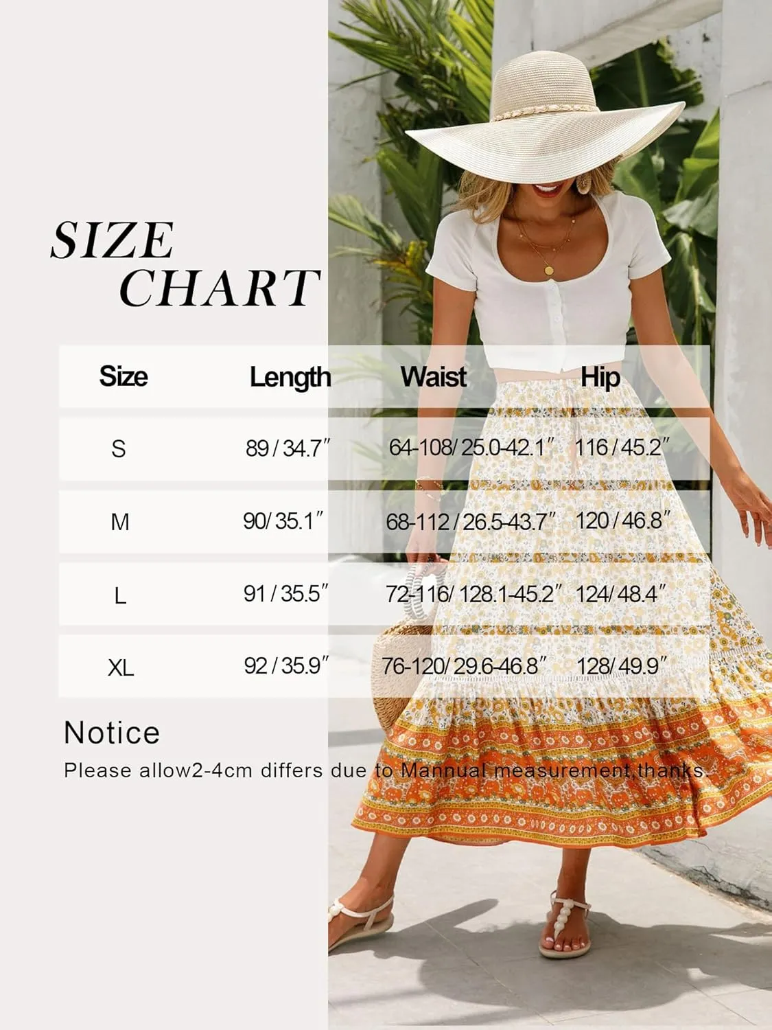 Ezcosplay Women Long Skirts Boho Floral Elastic High Waist Flowy Beach A Line Maxi Skirt