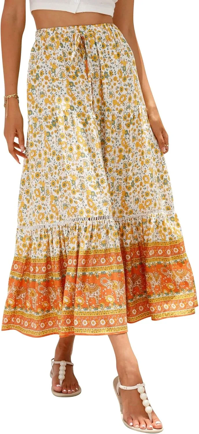 Ezcosplay Women Long Skirts Boho Floral Elastic High Waist Flowy Beach A Line Maxi Skirt