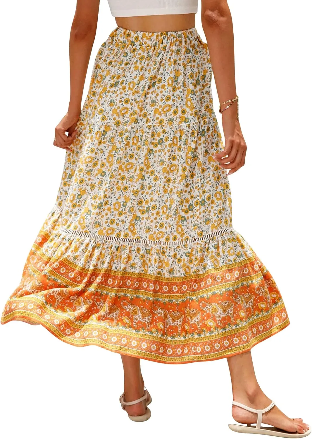 Ezcosplay Women Long Skirts Boho Floral Elastic High Waist Flowy Beach A Line Maxi Skirt