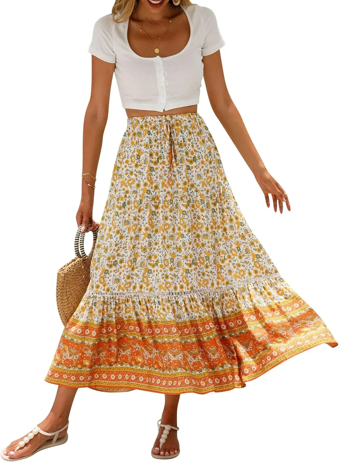 Ezcosplay Women Long Skirts Boho Floral Elastic High Waist Flowy Beach A Line Maxi Skirt