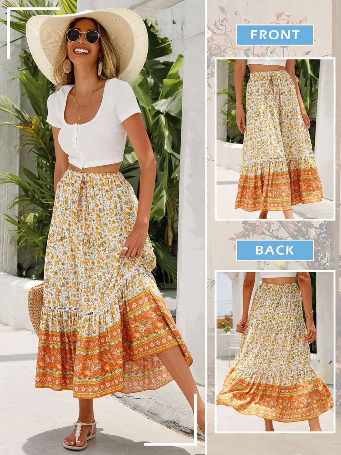 Ezcosplay Women Long Skirts Boho Floral Elastic High Waist Flowy Beach A Line Maxi Skirt
