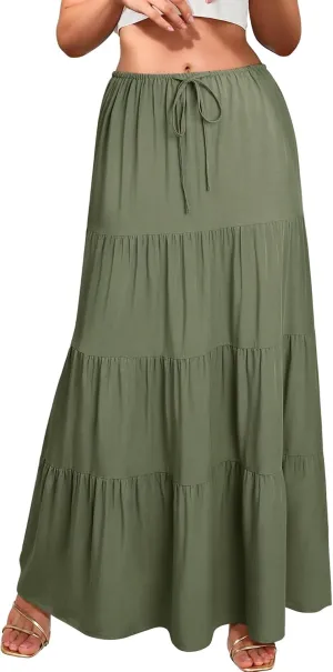 Ezcosplay Women Ruffle Tiered Cotton Maxi Skirt Drawstring Elastic High Waisted Pleated A Line Swing Long Skirts