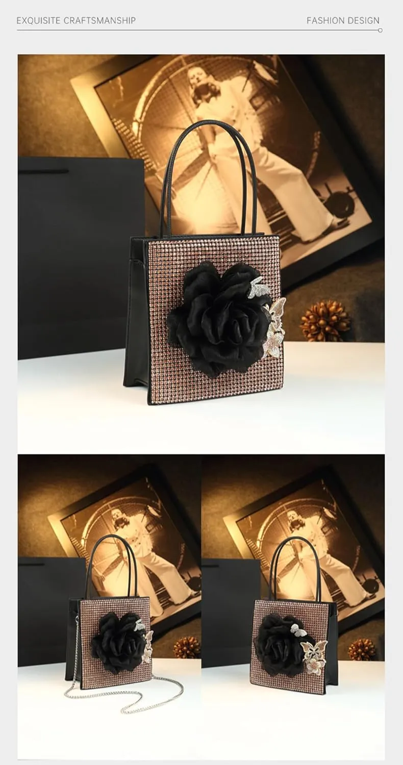 Fashion Big Diamonds Flower Purse Women Handbag Chain Top-Handle Satchel Evening Bag Small Bucket Shoulder Messenger Tote Bag