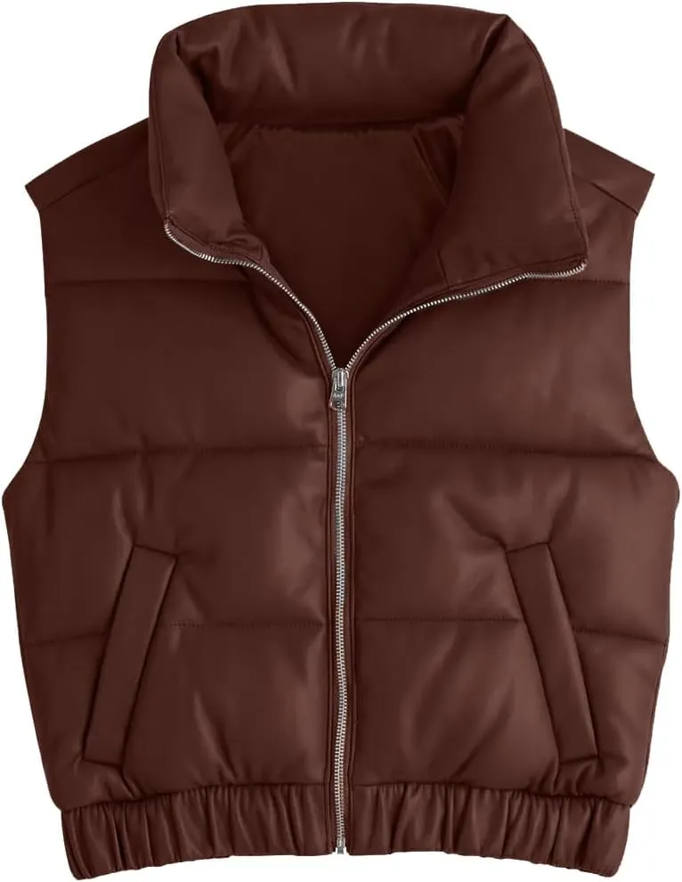 Fisoew Womens Faux Leather Puffer Vest High Stand Collar Zip Up Sleeveless Winter Cropped Jacket Gilet