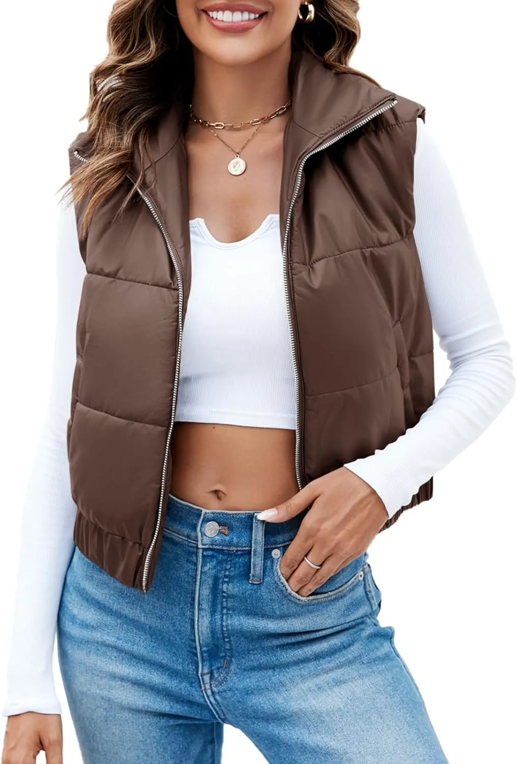 Fisoew Womens Faux Leather Puffer Vest High Stand Collar Zip Up Sleeveless Winter Cropped Jacket Gilet