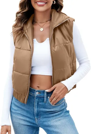Fisoew Womens Faux Leather Puffer Vest High Stand Collar Zip Up Sleeveless Winter Cropped Jacket Gilet