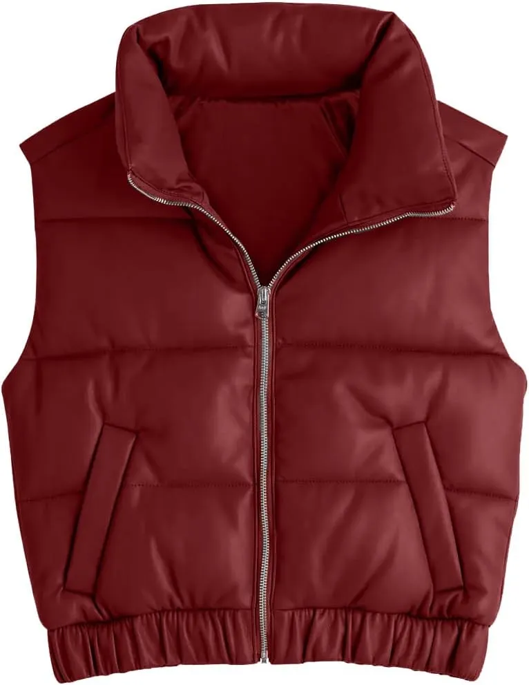 Fisoew Womens Faux Leather Puffer Vest High Stand Collar Zip Up Sleeveless Winter Cropped Jacket Gilet