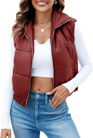Fisoew Womens Faux Leather Puffer Vest High Stand Collar Zip Up Sleeveless Winter Cropped Jacket Gilet