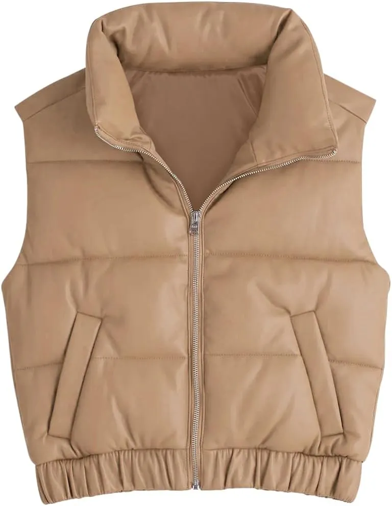 Fisoew Womens Faux Leather Puffer Vest High Stand Collar Zip Up Sleeveless Winter Cropped Jacket Gilet