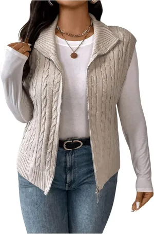 Floerns Women's Plus Size Mock Neck Zip Up Sweater Vests Sleeveless Cable Knit Cardigans