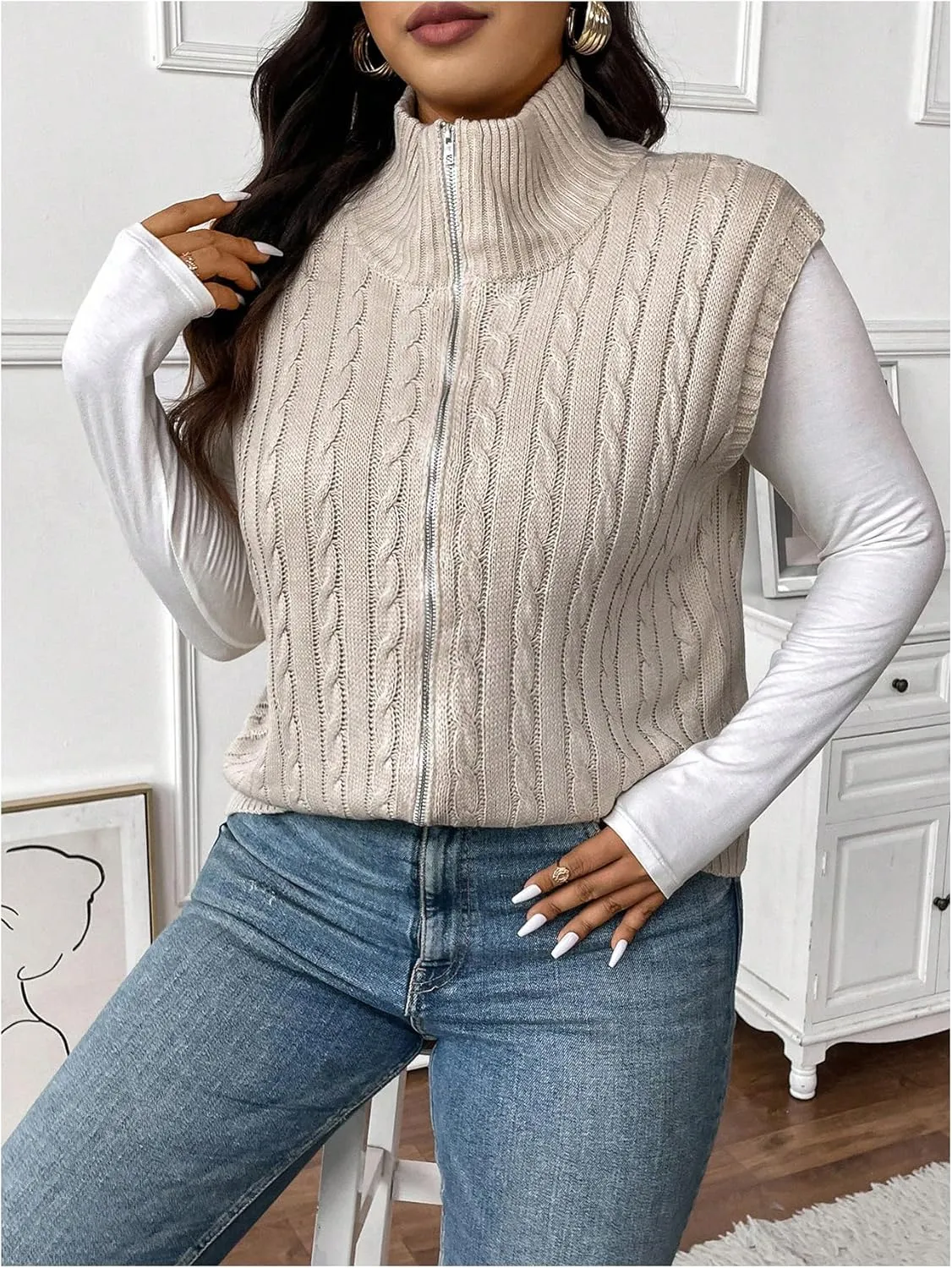 Floerns Women's Plus Size Mock Neck Zip Up Sweater Vests Sleeveless Cable Knit Cardigans