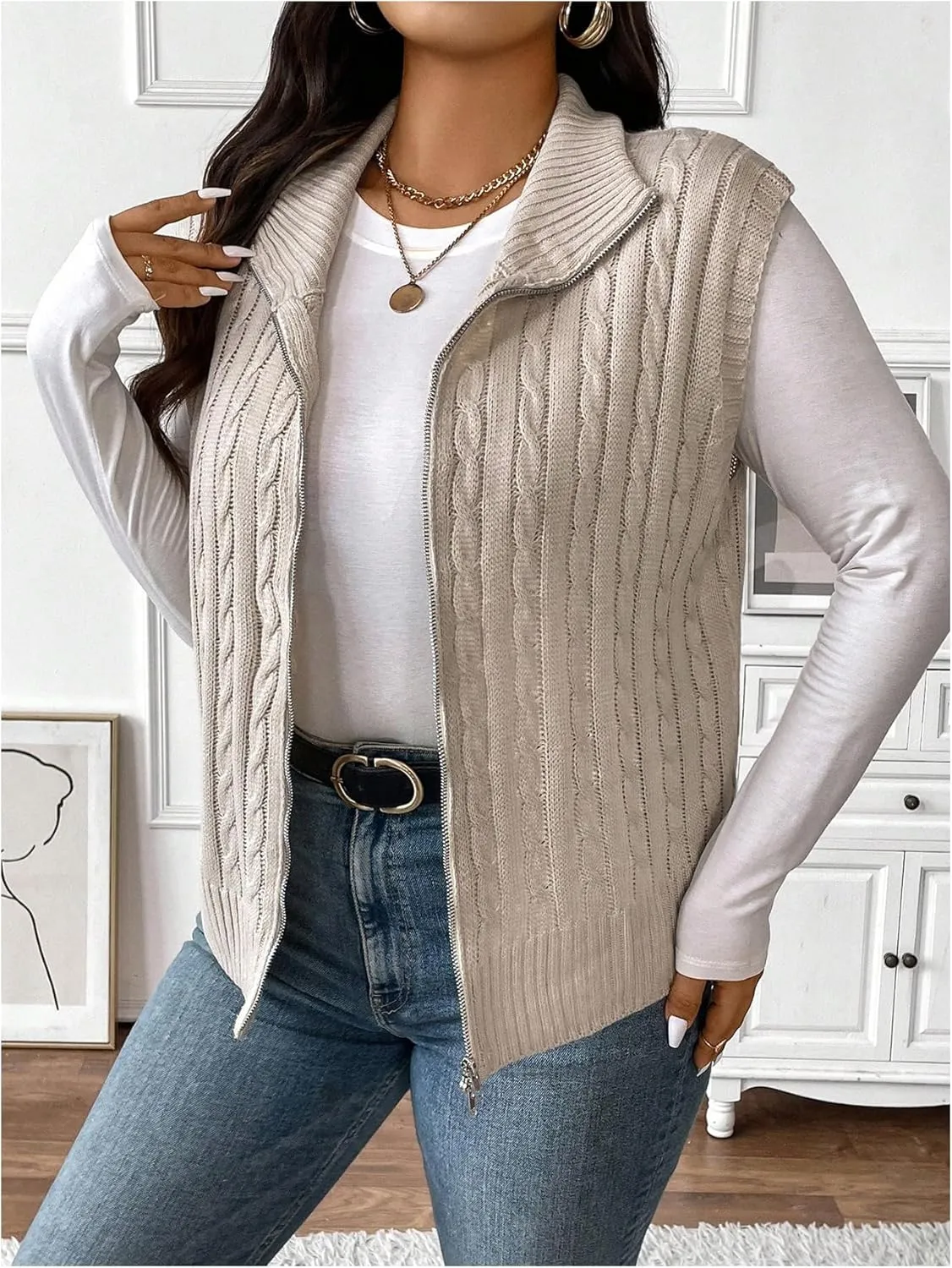Floerns Women's Plus Size Mock Neck Zip Up Sweater Vests Sleeveless Cable Knit Cardigans