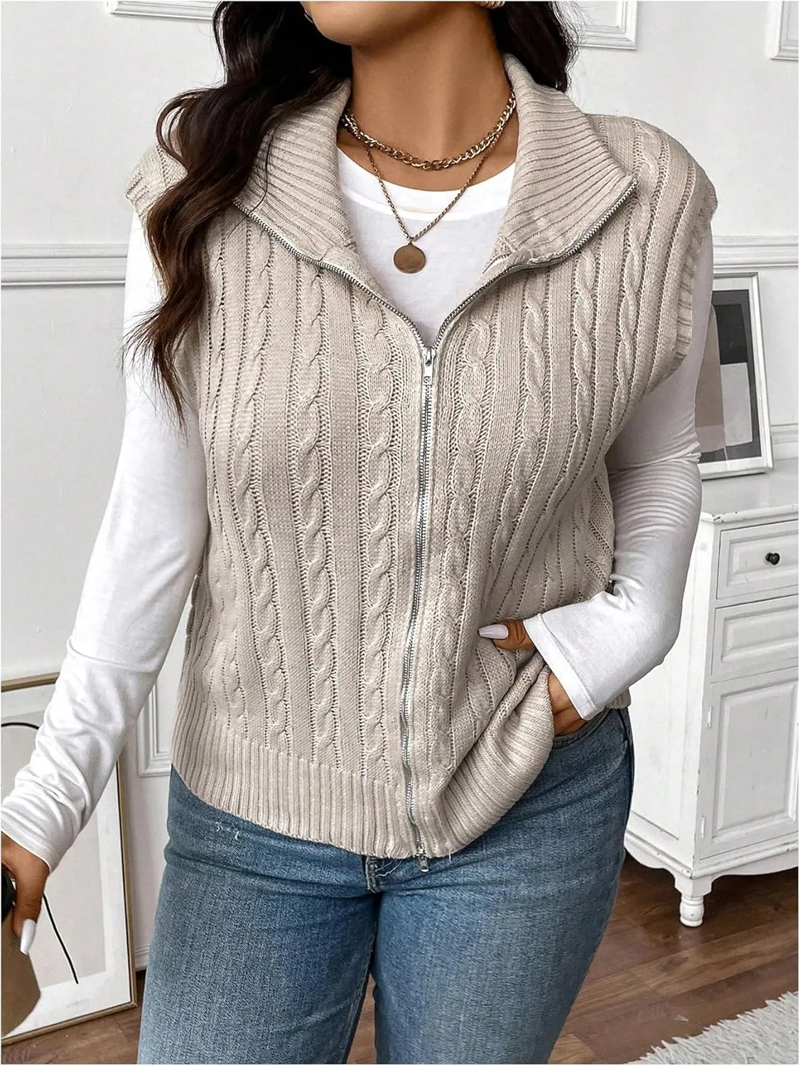 Floerns Women's Plus Size Mock Neck Zip Up Sweater Vests Sleeveless Cable Knit Cardigans