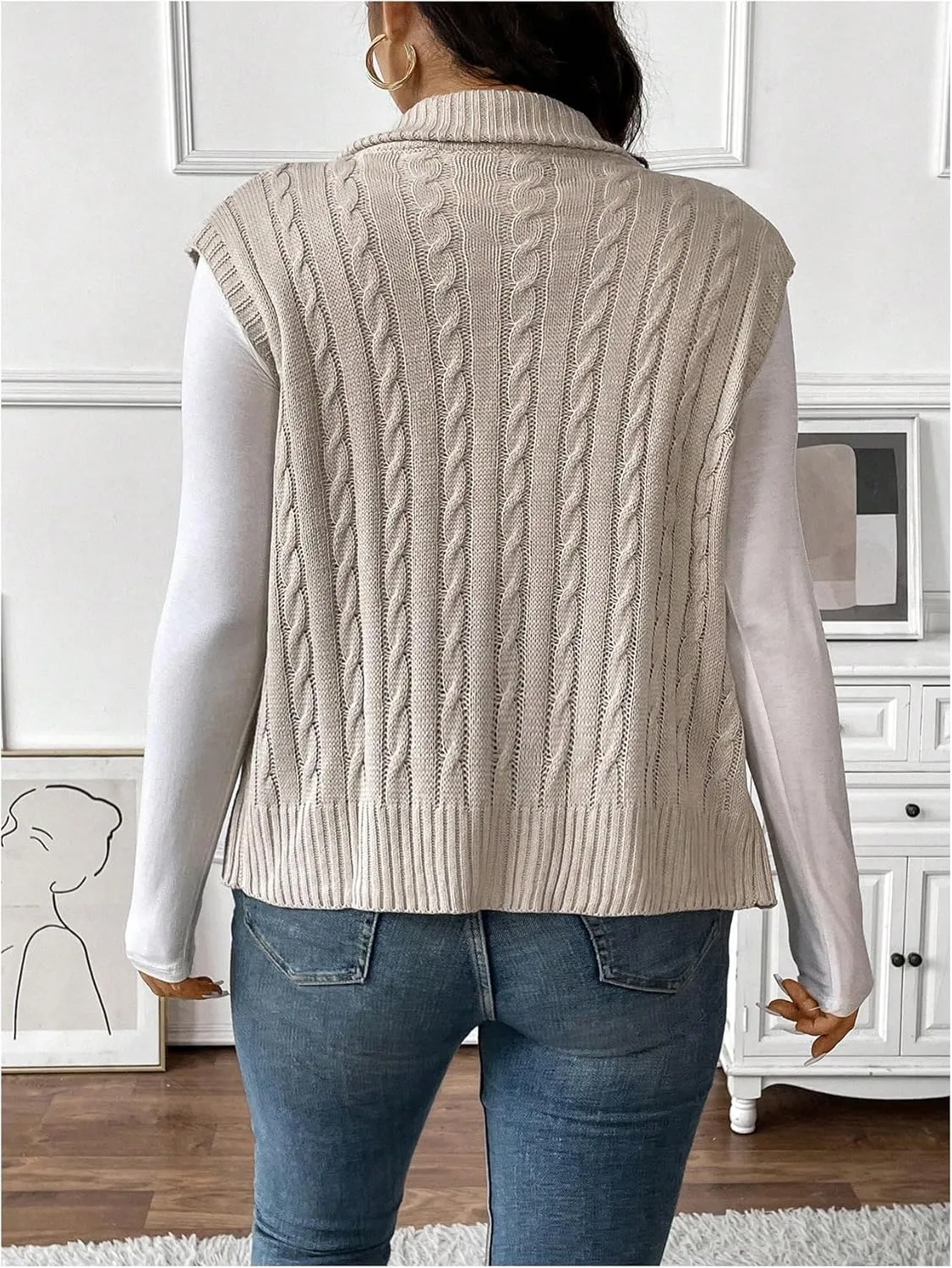 Floerns Women's Plus Size Mock Neck Zip Up Sweater Vests Sleeveless Cable Knit Cardigans