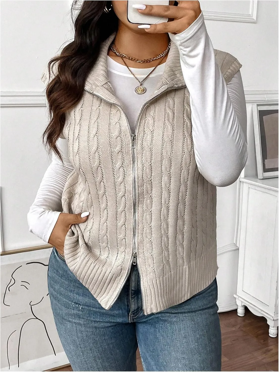 Floerns Women's Plus Size Mock Neck Zip Up Sweater Vests Sleeveless Cable Knit Cardigans