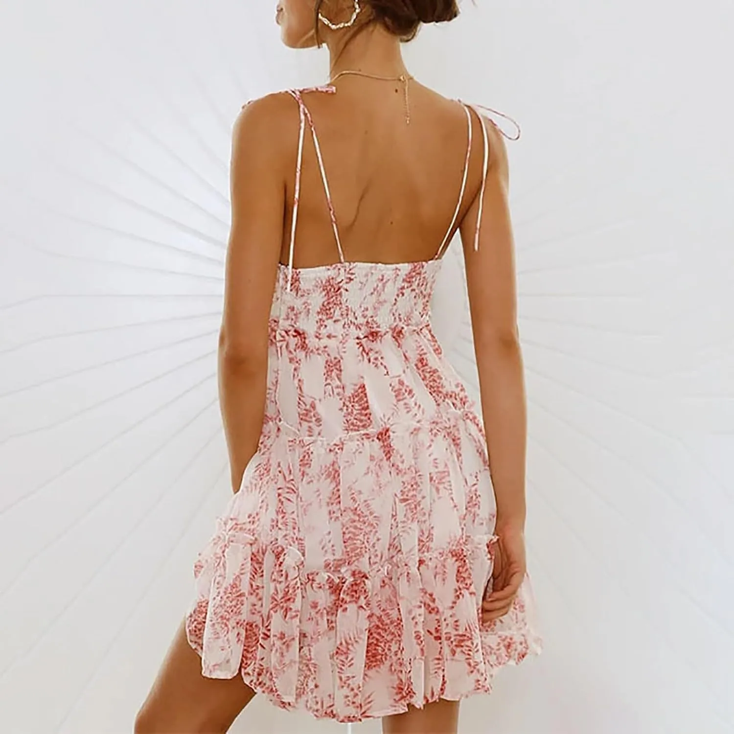Floral Dress for Women Sleeveless Spaghetti Strap Ruffle Mini Dress Flowy Boho Tiered Sexy Short Plus Size Summer Dresses