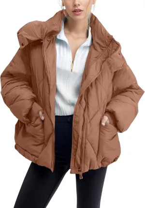 Flygo Womens Hooded Oversized Puffer Jacket Zip up Quilted Down Long Sleeve Winter Warm Hoodies Coat