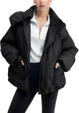 Flygo Womens Hooded Oversized Puffer Jacket Zip up Quilted Down Long Sleeve Winter Warm Hoodies Coat