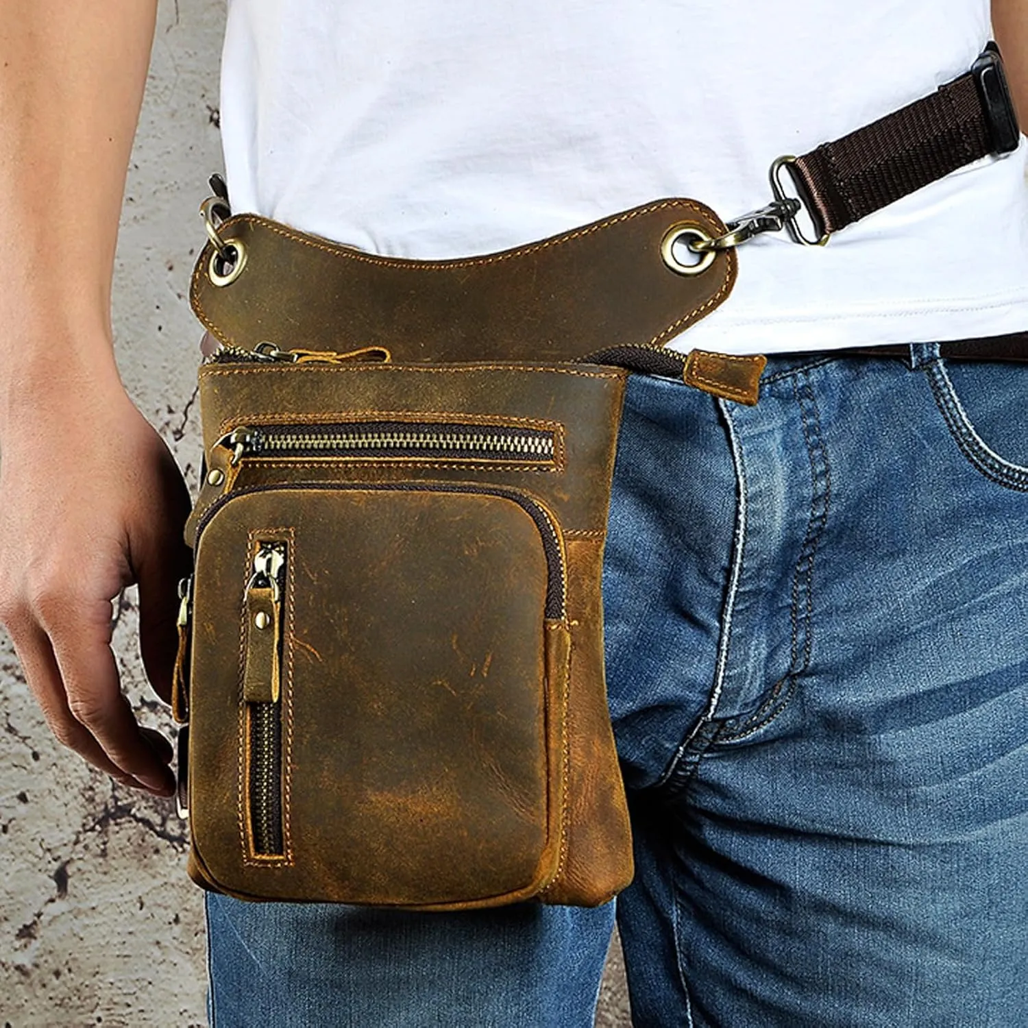 Genuine Leather Waist Pack Drop Leg Bag for Men Women Belt Bumbag Multi-Purpose Motorcycle Bike Outdoor Sporting Hicking Waist Hip Pack Messenger Shoulder Bags