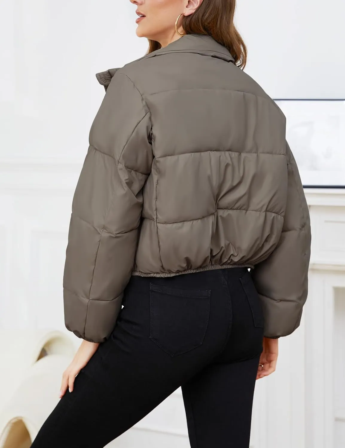 Gihuo Women's Cropped Puffer Jacket Long Sleeve Stand Collar Padded Coats Full Zip Up Quilted Jackets
