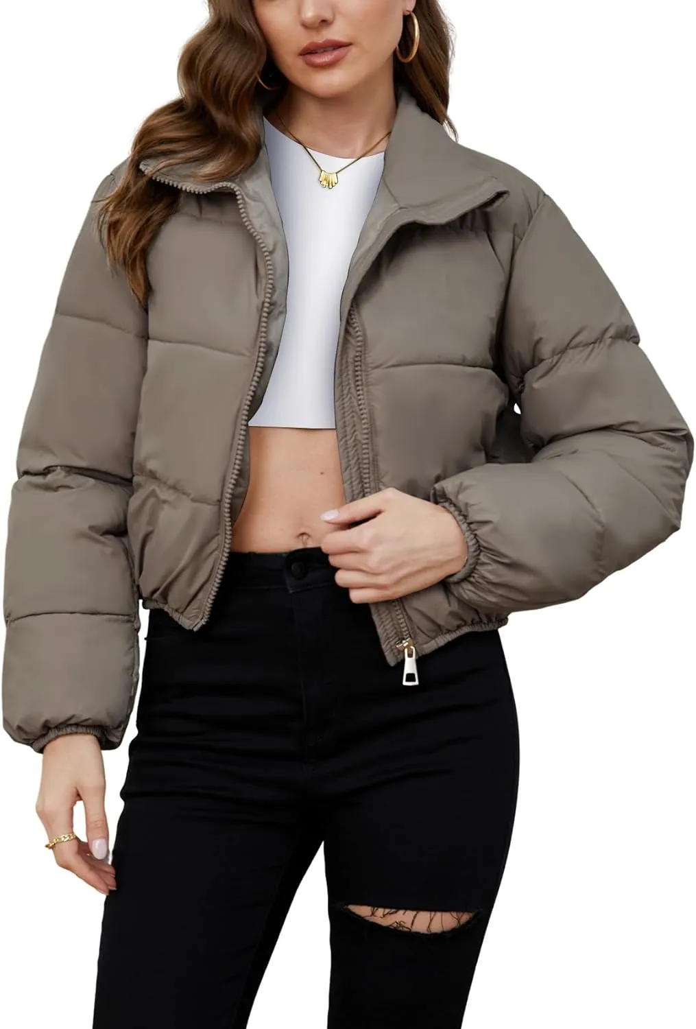 Gihuo Women's Cropped Puffer Jacket Long Sleeve Stand Collar Padded Coats Full Zip Up Quilted Jackets