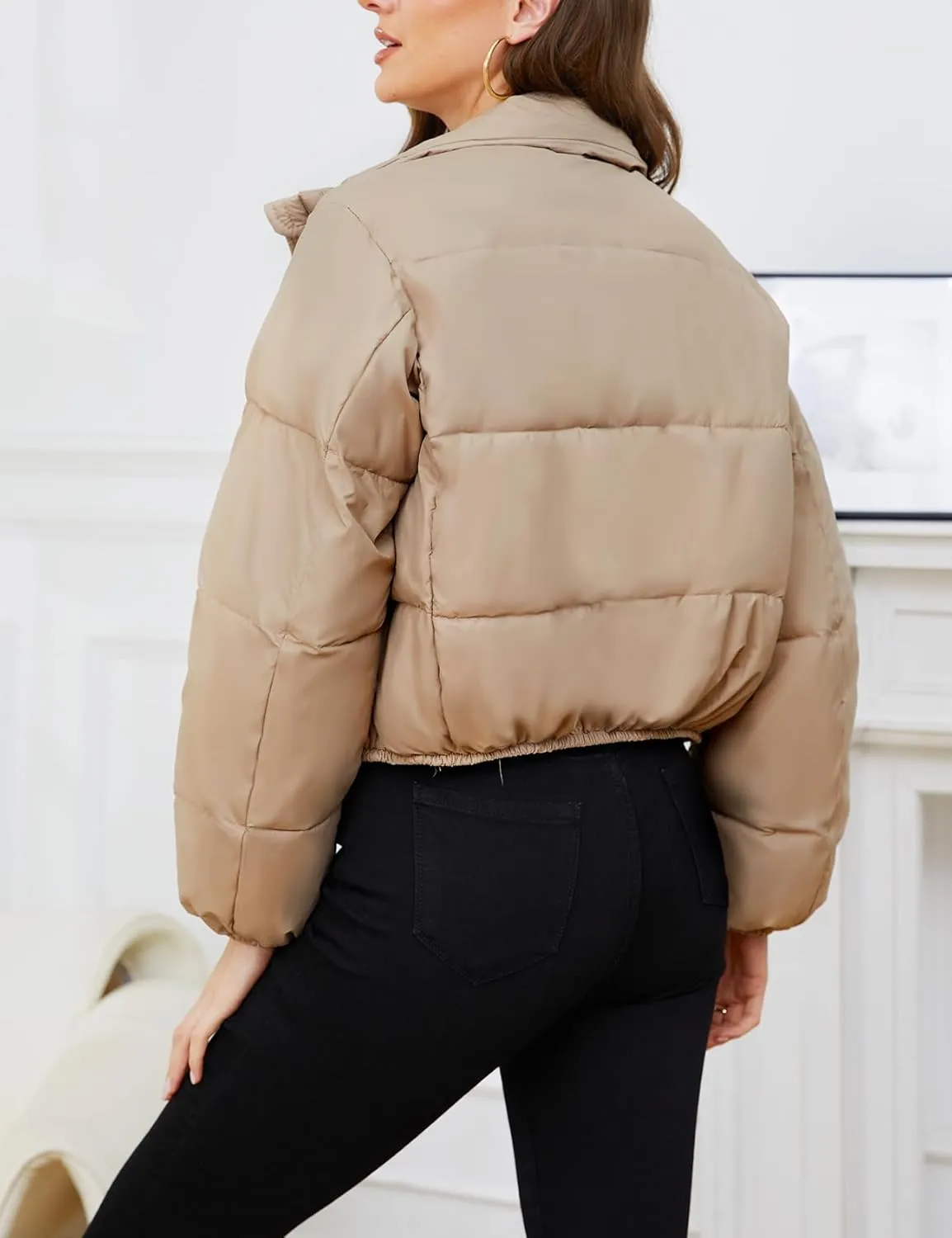 Gihuo Women's Cropped Puffer Jacket Long Sleeve Stand Collar Padded Coats Full Zip Up Quilted Jackets