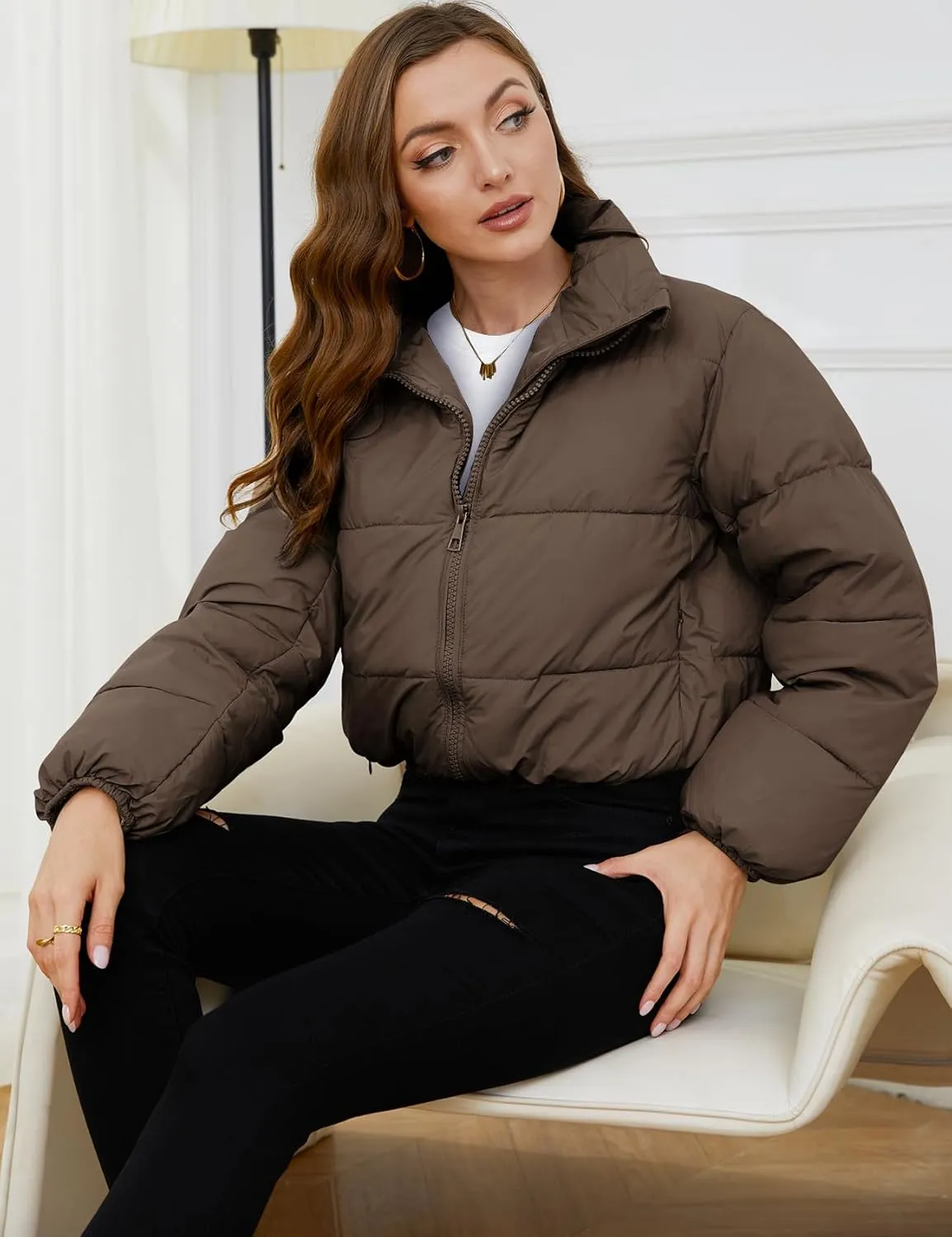 Gihuo Women's Cropped Puffer Jacket Long Sleeve Stand Collar Padded Coats Full Zip Up Quilted Jackets