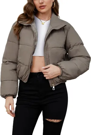 Gihuo Women's Cropped Puffer Jacket Long Sleeve Stand Collar Padded Coats Full Zip Up Quilted Jackets