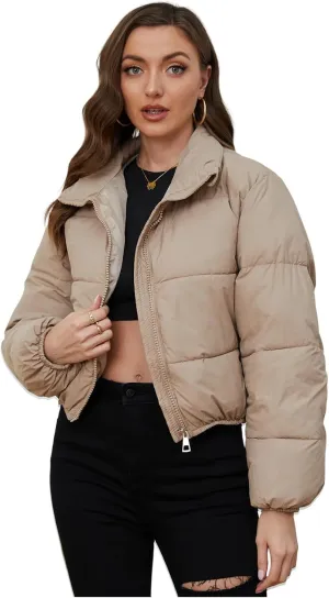 Gihuo Women's Cropped Puffer Jacket Long Sleeve Stand Collar Padded Coats Full Zip Up Quilted Jackets