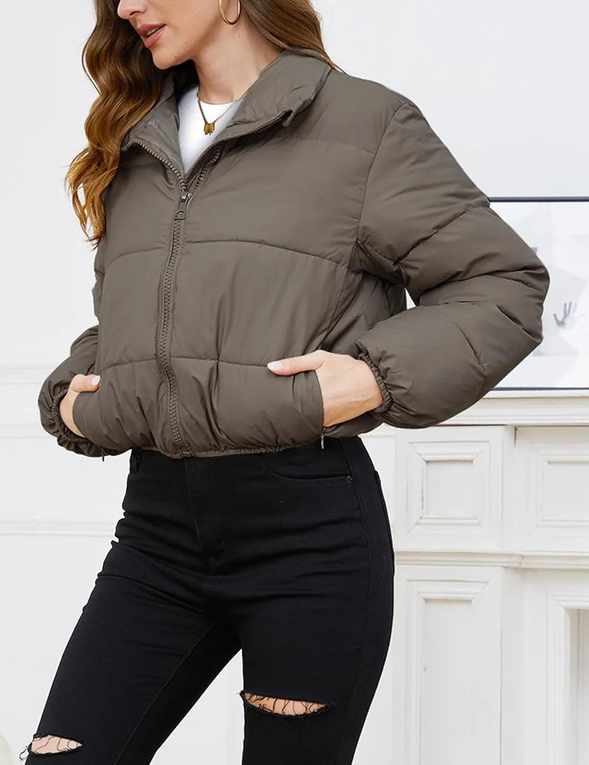 Gihuo Women's Cropped Puffer Jacket Long Sleeve Stand Collar Padded Coats Full Zip Up Quilted Jackets